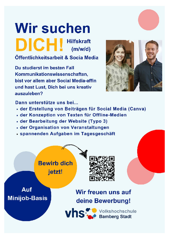 Zu sehen ist ein Stellengesuch für eine Hilfskraft für die Öffentlichkeitsarbeit und Sozial Media