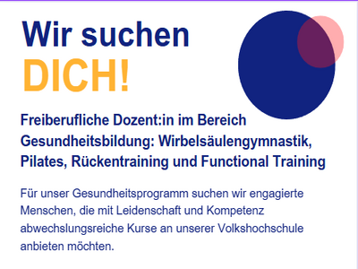 Plakat, mit dem wir Dozent:innen für den Gesundheitsbereich suchen