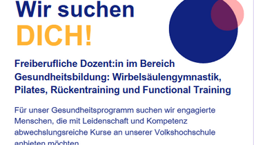 Plakat, mit dem wir Dozent:innen für den Gesundheitsbereich suchen