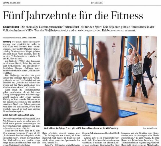 Zeitungsartikel über Dozentin Gertrud Rust, die seit 50 Jahren Gymnastikkurse an der vhs gibt
