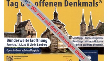 Werbe-Postkarte zum "Tag des offenen Denkmals" mit Schriftzug "Wir sind mit drei Führungen dabei"