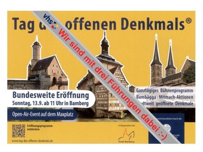 Werbe-Postkarte zum "Tag des offenen Denkmals" mit Schriftzug "Wir sind mit drei Führungen dabei"