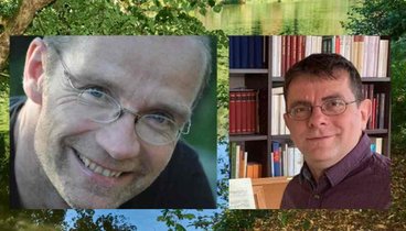 Zu sehen sind Portraitfotos der beiden Akteure der Semestereröffnung John von Düffel und Jochen Neurath. Im Hintergrund ist ein Bild aus dem Bamberger Hain.