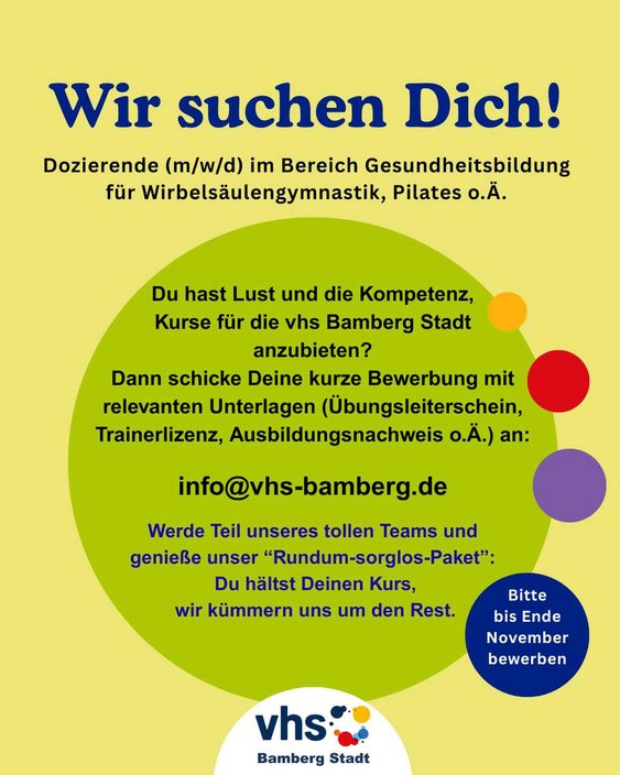 Stellengesuch für Dozierende in der Gesundheitsbildung für Pilates, Wirbelsäulengymnastik o.Ä.