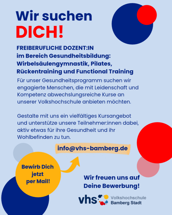 Plakat, mit dem wir freiberufliche Dozent:innen im Bereich Gesundheitsbildung suchen