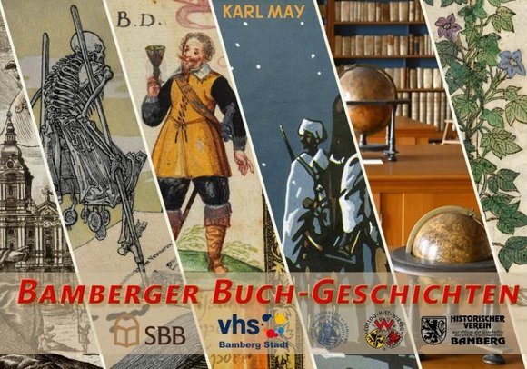 Mehrere schmale Ausschnitte aus historischen Abbildungen und die Logos Kooperationspartner der Bamberger Buch-Geschichten