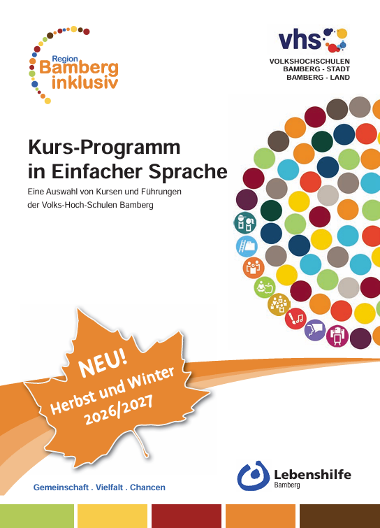vhs-Programmheft in Einfacher Sprache Herbst-Winter 2026/27. Klicken, um PDF mit 2,7 MB zu öffnen. Cover des Programmhefts in Einfacher Sprache Herbst-Winter 2062